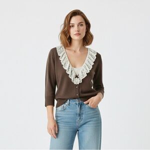 BOSTON PROPER Lace trim cardigan. Silk/Cashmere blend